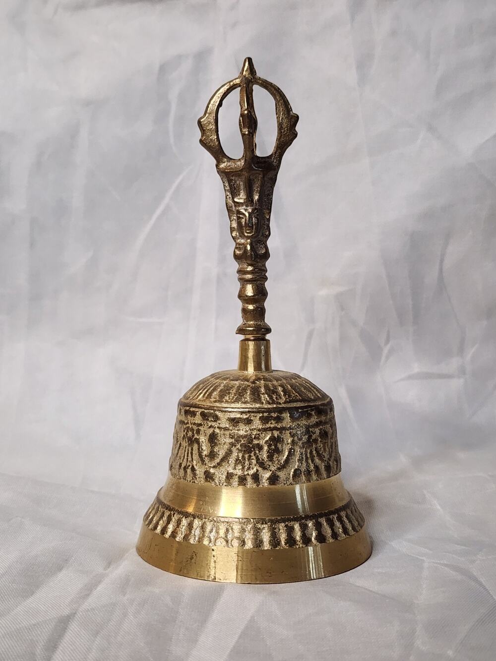 Vintage Tibetan Embossed Heavy Ornate Decorative Brass Bell Crown Handle